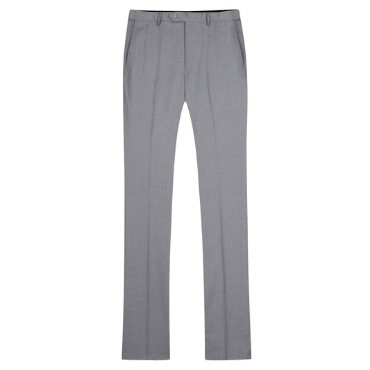 Light Grey # Men's classic slim fit stretch flat front dress pants with extended waist strap and slanted side pockets, comfortable polyester viscose blend slacks for business, office, wedding and daily wear, isolated on white background.