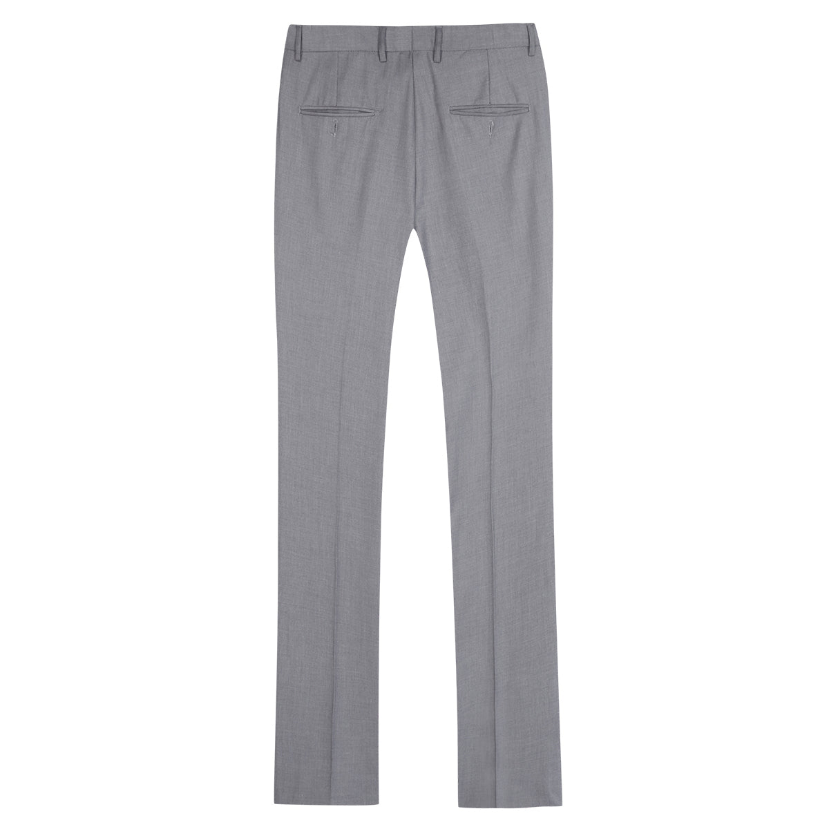 Light Grey # Men's classic slim fit stretch flat front dress pants with extended waist strap and slanted side pockets, comfortable polyester viscose blend slacks for business, office, wedding and daily wear, isolated on white background.