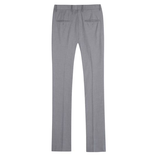 Light Grey # Men's classic slim fit stretch flat front dress pants with extended waist strap and slanted side pockets, comfortable polyester viscose blend slacks for business, office, wedding and daily wear, isolated on white background.