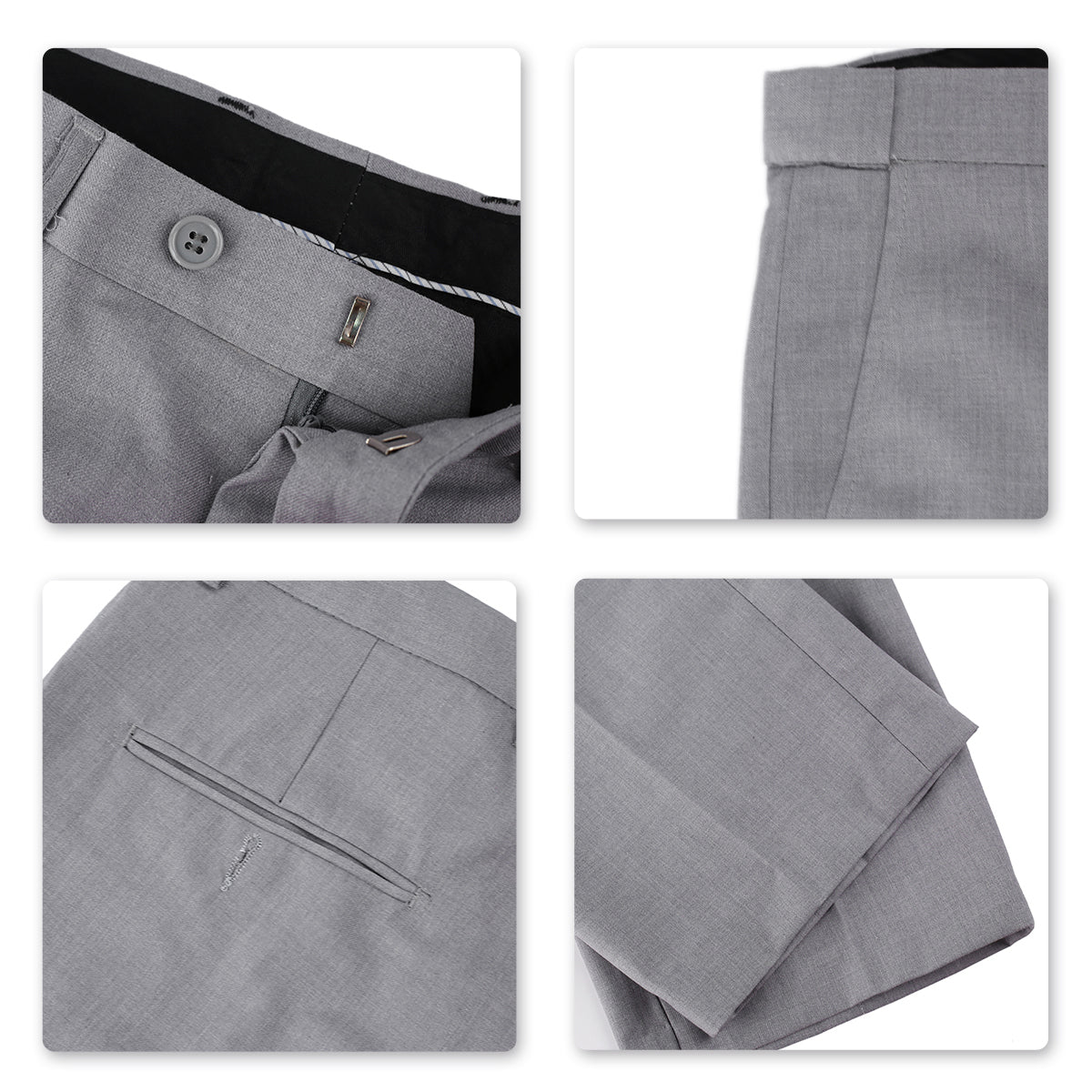 Light Grey # Men's classic slim fit stretch flat front dress pants with extended waist strap and slanted side pockets, comfortable polyester viscose blend slacks for business, office, wedding and daily wear, isolated on white background.