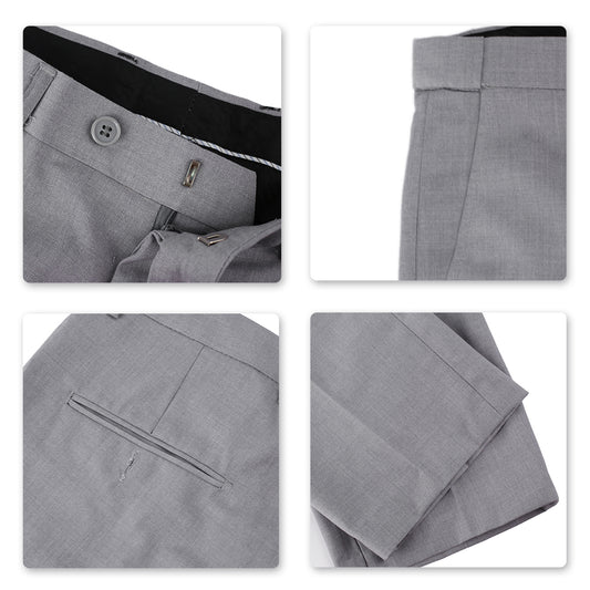 Light Grey # Men's classic slim fit stretch flat front dress pants with extended waist strap and slanted side pockets, comfortable polyester viscose blend slacks for business, office, wedding and daily wear, isolated on white background.