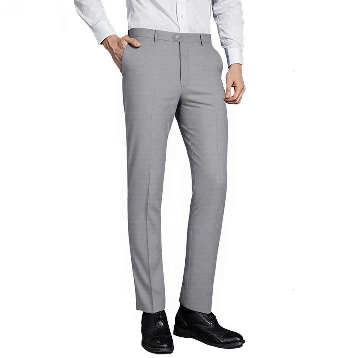 Light Grey # Men's classic slim fit stretch flat front dress pants with extended waist strap and slanted side pockets, comfortable polyester viscose blend slacks for business, office, wedding and daily wear, isolated on white background.