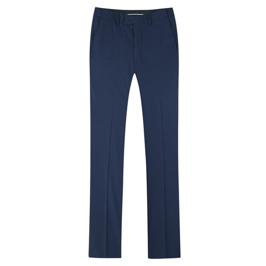 Navy # Men's classic slim fit stretch flat front dress pants with extended waist strap and slanted side pockets, comfortable polyester viscose blend slacks for business, office, wedding and daily wear, isolated on white background.