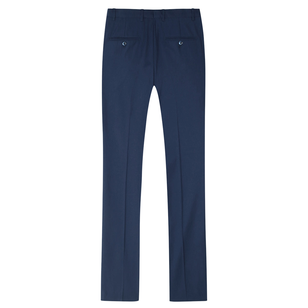 Navy # Men's classic slim fit stretch flat front dress pants with extended waist strap and slanted side pockets, comfortable polyester viscose blend slacks for business, office, wedding and daily wear, isolated on white background.