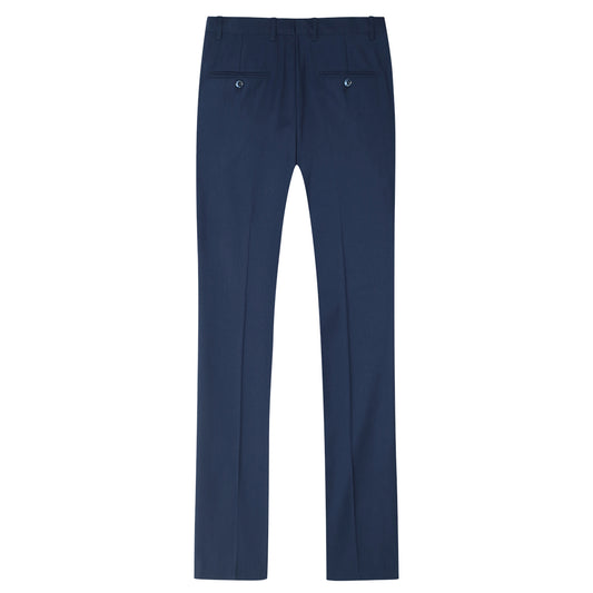 Navy # Men's classic slim fit stretch flat front dress pants with extended waist strap and slanted side pockets, comfortable polyester viscose blend slacks for business, office, wedding and daily wear, isolated on white background.