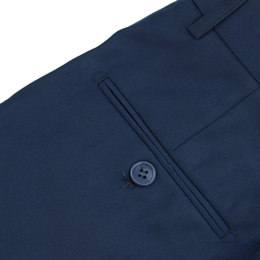 Navy # Men's classic slim fit stretch flat front dress pants with extended waist strap and slanted side pockets, comfortable polyester viscose blend slacks for business, office, wedding and daily wear, isolated on white background.