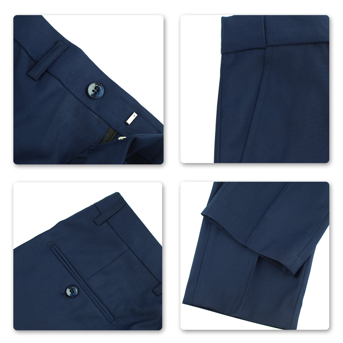 Navy # Men's classic slim fit stretch flat front dress pants with extended waist strap and slanted side pockets, comfortable polyester viscose blend slacks for business, office, wedding and daily wear, isolated on white background.