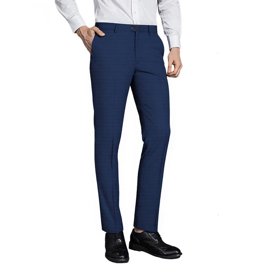 Navy # Men's classic slim fit stretch flat front dress pants with extended waist strap and slanted side pockets, comfortable polyester viscose blend slacks for business, office, wedding and daily wear, isolated on white background.