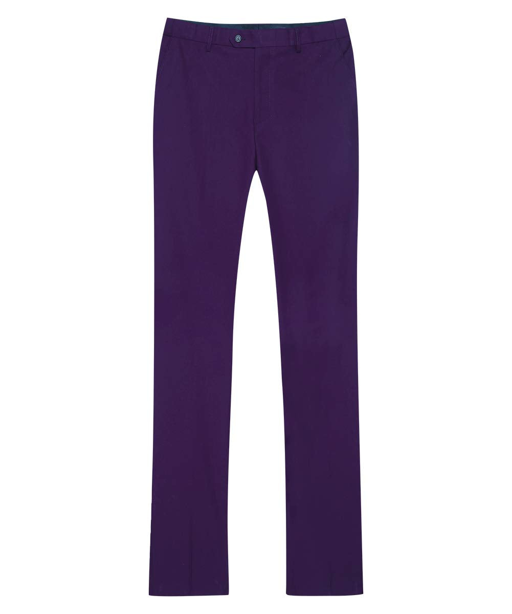 Purple # Men's classic slim fit stretch flat front dress pants with extended waist strap and slanted side pockets, comfortable polyester viscose blend slacks for business, office, wedding and daily wear, isolated on white background.