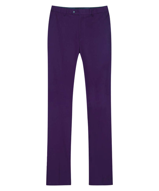 Purple # Men's classic slim fit stretch flat front dress pants with extended waist strap and slanted side pockets, comfortable polyester viscose blend slacks for business, office, wedding and daily wear, isolated on white background.