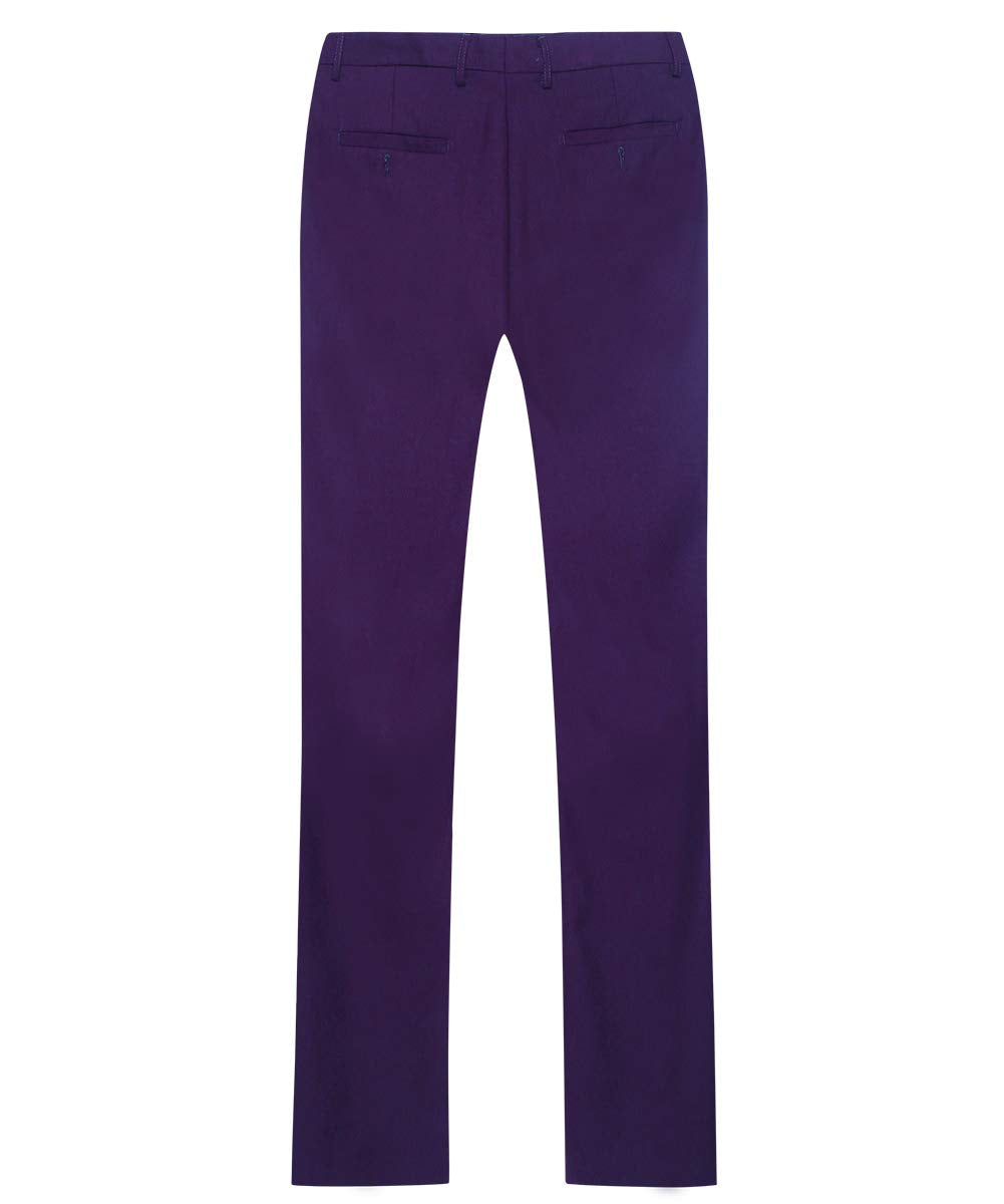 Purple # Men's classic slim fit stretch flat front dress pants with extended waist strap and slanted side pockets, comfortable polyester viscose blend slacks for business, office, wedding and daily wear, isolated on white background.