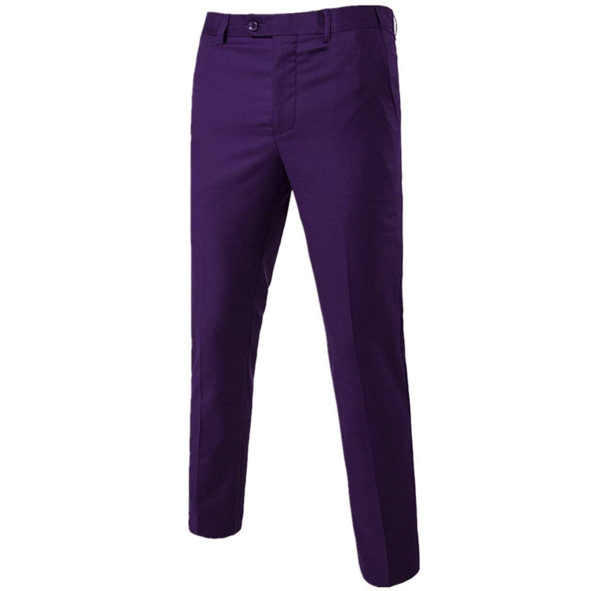 Purple # Men's classic slim fit stretch flat front dress pants with extended waist strap and slanted side pockets, comfortable polyester viscose blend slacks for business, office, wedding and daily wear, isolated on white background.