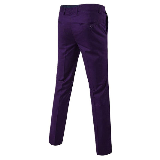 Purple # Men's classic slim fit stretch flat front dress pants with extended waist strap and slanted side pockets, comfortable polyester viscose blend slacks for business, office, wedding and daily wear, isolated on white background.