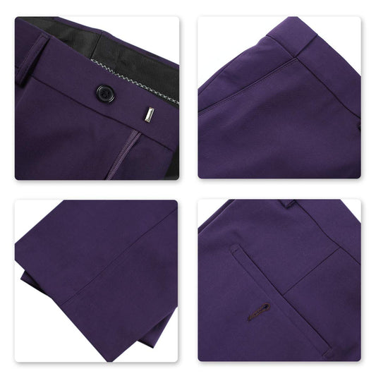 Purple # Men's classic slim fit stretch flat front dress pants with extended waist strap and slanted side pockets, comfortable polyester viscose blend slacks for business, office, wedding and daily wear, isolated on white background.