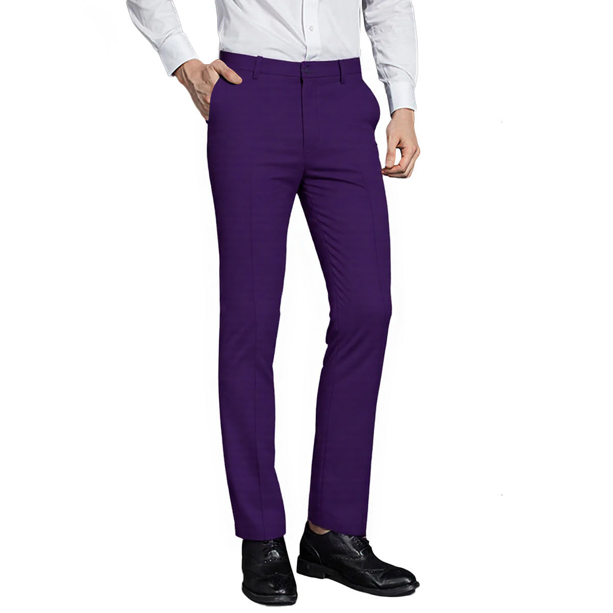 Purple # Men's classic slim fit stretch flat front dress pants with extended waist strap and slanted side pockets, comfortable polyester viscose blend slacks for business, office, wedding and daily wear, isolated on white background.