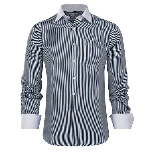 Black # Men's slim fit button-down stripe checked dress shirt, long sleeve point collar with 2-button cuffs, soft breathable polyester casual formal top for business, office, wedding, party and daily wear, isolated on white background.