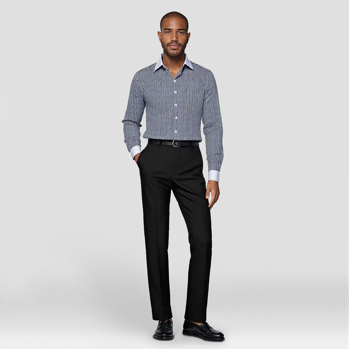 Black # Men's slim fit button-down stripe checked dress shirt, long sleeve point collar with 2-button cuffs, soft breathable polyester casual formal top for business, office, wedding, party and daily wear, isolated on white background.