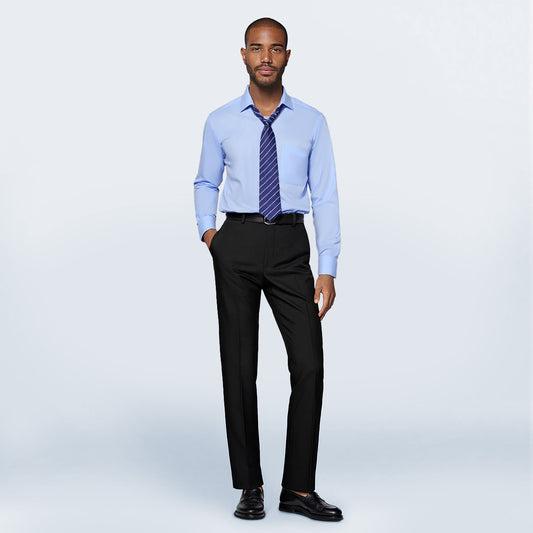 Blue # Men's slim fit button-down stripe checked dress shirt, long sleeve point collar with 2-button cuffs, soft breathable polyester casual formal top for business, office, wedding, party and daily wear, isolated on white background.