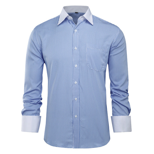 Blue # Men's slim fit button-down stripe checked dress shirt, long sleeve point collar with 2-button cuffs, soft breathable polyester casual formal top for business, office, wedding, party and daily wear, isolated on white background.