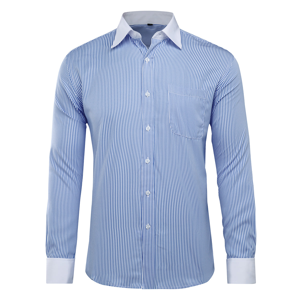 Blue # Men's slim fit button-down stripe checked dress shirt, long sleeve point collar with 2-button cuffs, soft breathable polyester casual formal top for business, office, wedding, party and daily wear, isolated on white background.