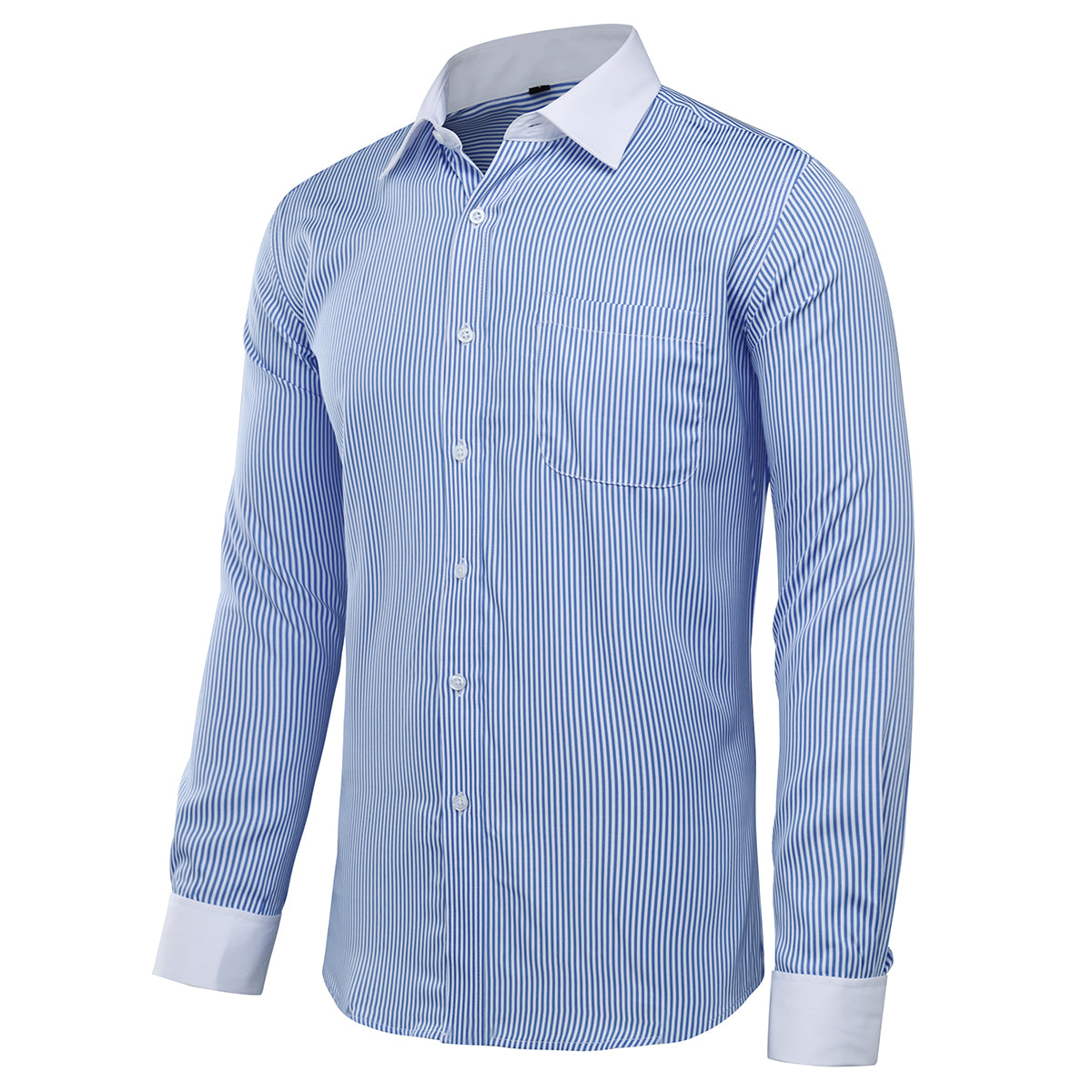 Blue # Men's slim fit button-down stripe checked dress shirt, long sleeve point collar with 2-button cuffs, soft breathable polyester casual formal top for business, office, wedding, party and daily wear, isolated on white background.