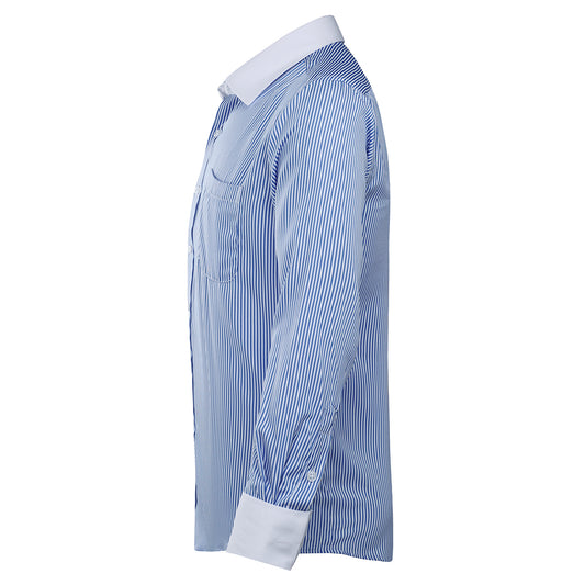 Blue # Men's slim fit button-down stripe checked dress shirt, long sleeve point collar with 2-button cuffs, soft breathable polyester casual formal top for business, office, wedding, party and daily wear, isolated on white background.