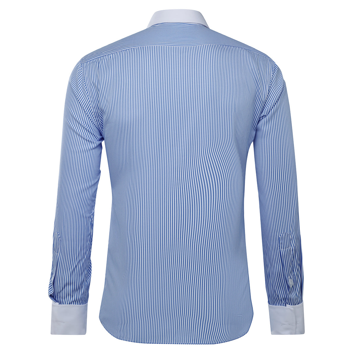 Blue # Men's slim fit button-down stripe checked dress shirt, long sleeve point collar with 2-button cuffs, soft breathable polyester casual formal top for business, office, wedding, party and daily wear, isolated on white background.