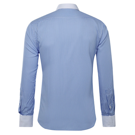 Blue # Men's slim fit button-down stripe checked dress shirt, long sleeve point collar with 2-button cuffs, soft breathable polyester casual formal top for business, office, wedding, party and daily wear, isolated on white background.