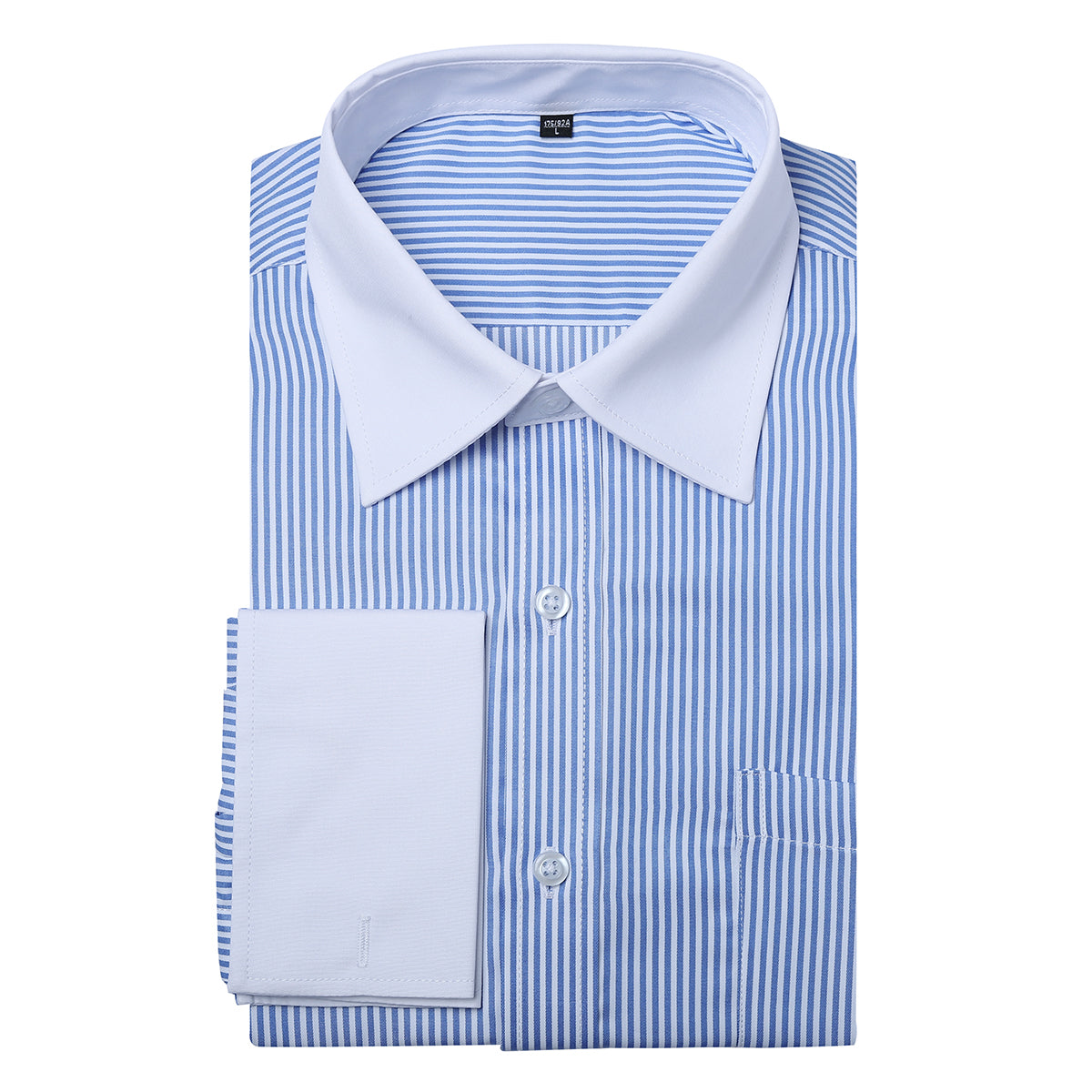 Blue # Men's slim fit button-down stripe checked dress shirt, long sleeve point collar with 2-button cuffs, soft breathable polyester casual formal top for business, office, wedding, party and daily wear, isolated on white background.