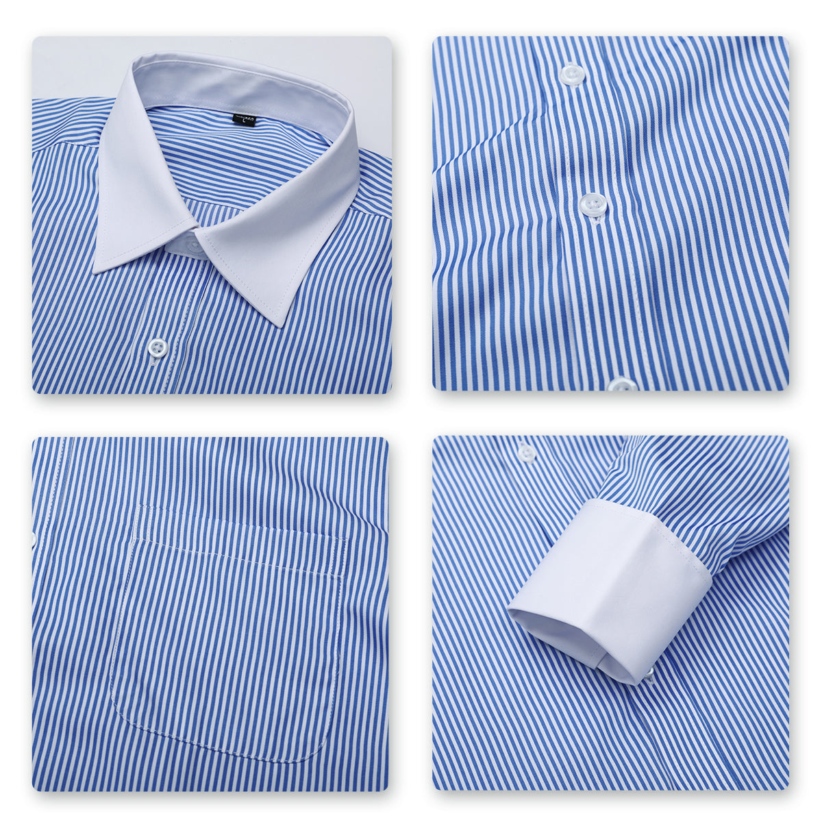 Blue # Men's slim fit button-down stripe checked dress shirt, long sleeve point collar with 2-button cuffs, soft breathable polyester casual formal top for business, office, wedding, party and daily wear, isolated on white background.