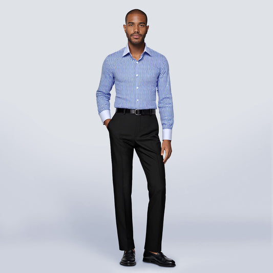 Blue # Men's slim fit button-down stripe checked dress shirt, long sleeve point collar with 2-button cuffs, soft breathable polyester casual formal top for business, office, wedding, party and daily wear, isolated on white background.