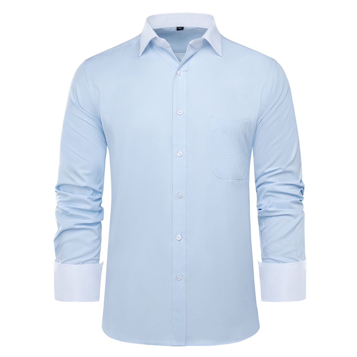 Light Blue # Men's slim fit button-down stripe checked dress shirt, long sleeve point collar with 2-button cuffs, soft breathable polyester casual formal top for business, office, wedding, party and daily wear, isolated on white background.