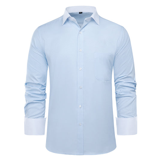 Light Blue # Men's slim fit button-down stripe checked dress shirt, long sleeve point collar with 2-button cuffs, soft breathable polyester casual formal top for business, office, wedding, party and daily wear, isolated on white background.