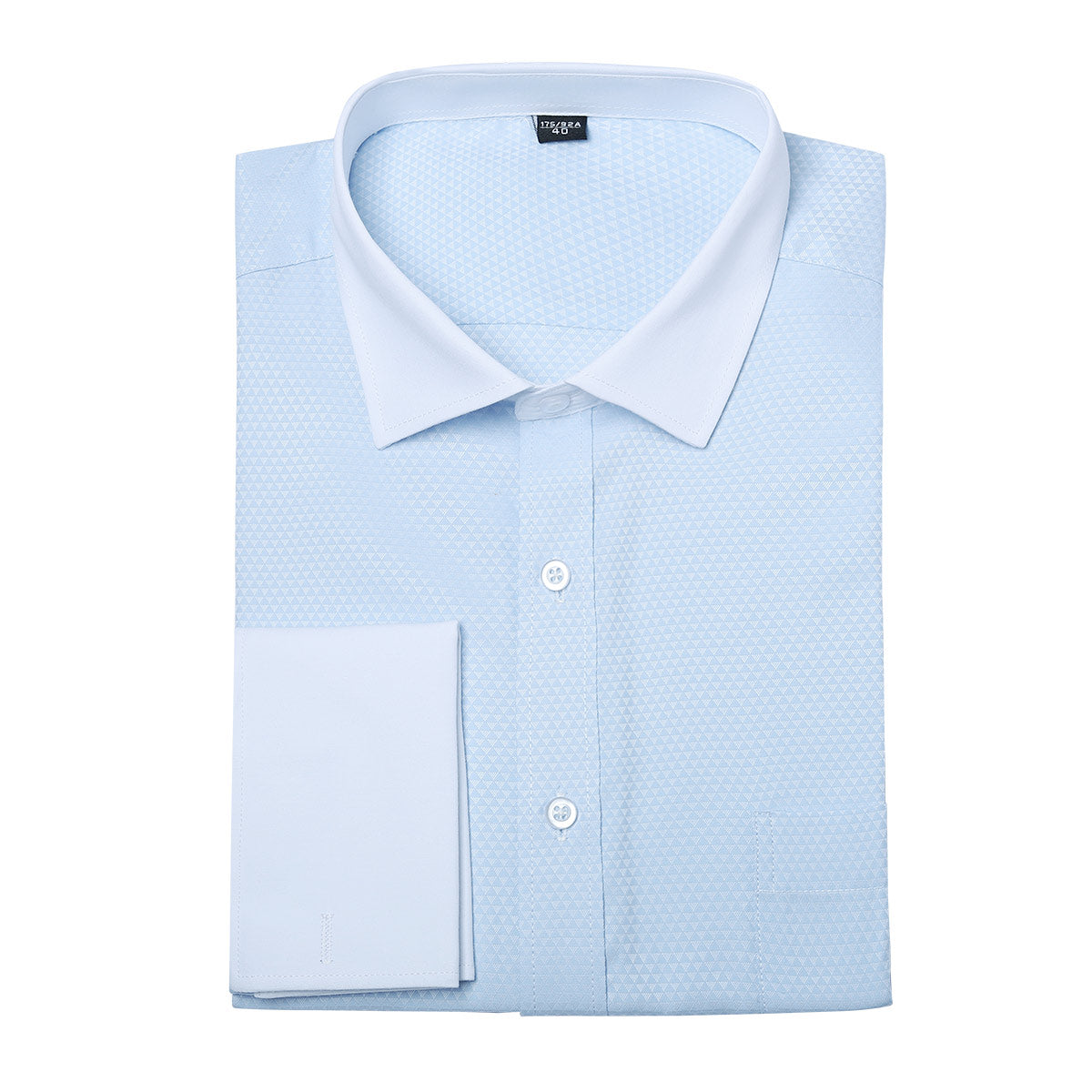 Light Blue # Men's slim fit button-down stripe checked dress shirt, long sleeve point collar with 2-button cuffs, soft breathable polyester casual formal top for business, office, wedding, party and daily wear, isolated on white background.
