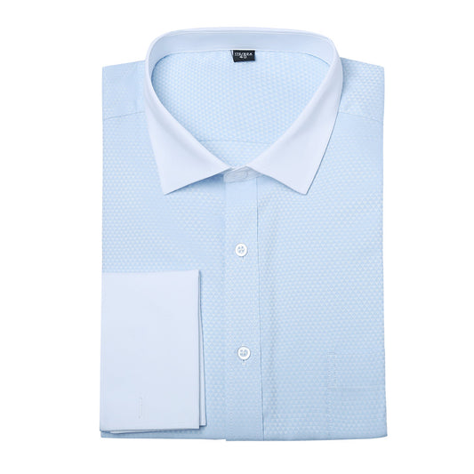 Light Blue # Men's slim fit button-down stripe checked dress shirt, long sleeve point collar with 2-button cuffs, soft breathable polyester casual formal top for business, office, wedding, party and daily wear, isolated on white background.