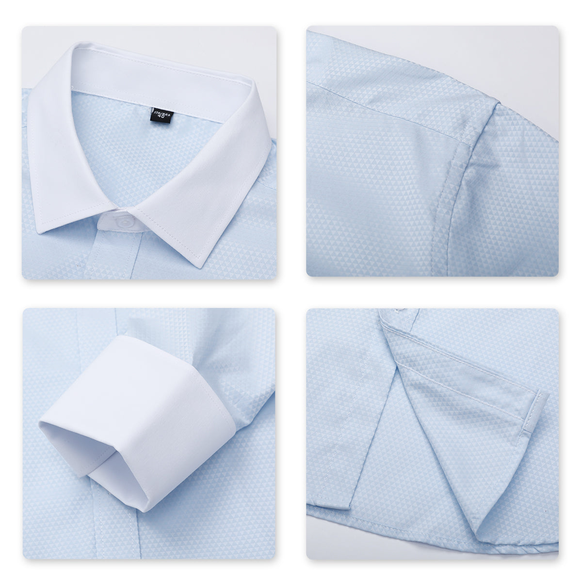 Light Blue # Men's slim fit button-down stripe checked dress shirt, long sleeve point collar with 2-button cuffs, soft breathable polyester casual formal top for business, office, wedding, party and daily wear, isolated on white background.