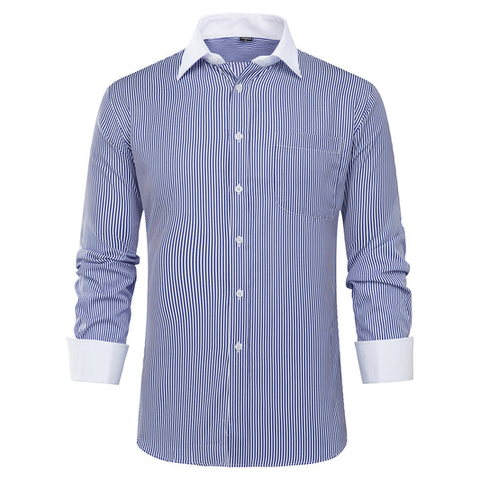Navy # Men's slim fit button-down stripe checked dress shirt, long sleeve point collar with 2-button cuffs, soft breathable polyester casual formal top for business, office, wedding, party and daily wear, isolated on white background.