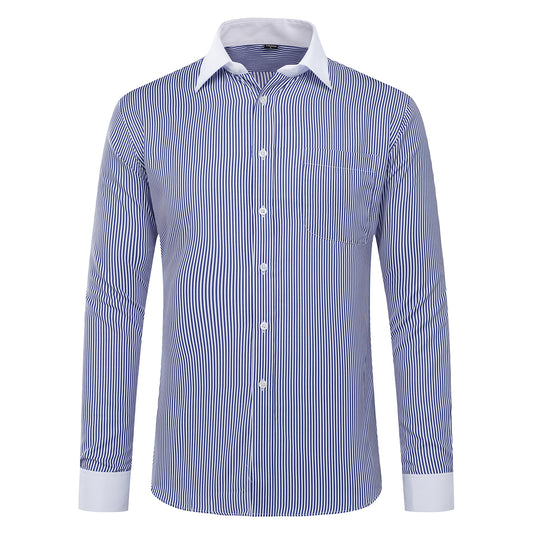 Navy # Men's slim fit button-down stripe checked dress shirt, long sleeve point collar with 2-button cuffs, soft breathable polyester casual formal top for business, office, wedding, party and daily wear, isolated on white background.