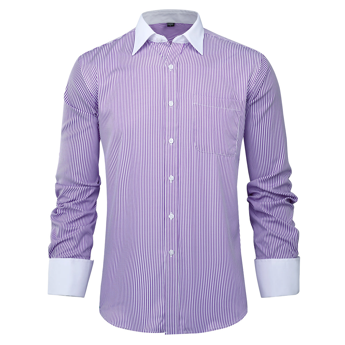 Purple # Men's slim fit button-down stripe checked dress shirt, long sleeve point collar with 2-button cuffs, soft breathable polyester casual formal top for business, office, wedding, party and daily wear, isolated on white background.