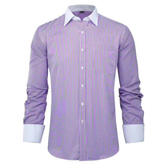 Purple # Men's slim fit button-down stripe checked dress shirt, long sleeve point collar with 2-button cuffs, soft breathable polyester casual formal top for business, office, wedding, party and daily wear, isolated on white background.
