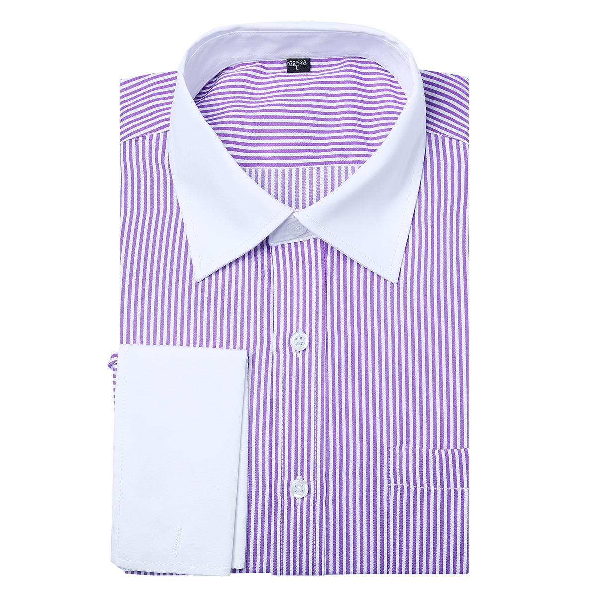 Purple # Men's slim fit button-down stripe checked dress shirt, long sleeve point collar with 2-button cuffs, soft breathable polyester casual formal top for business, office, wedding, party and daily wear, isolated on white background.