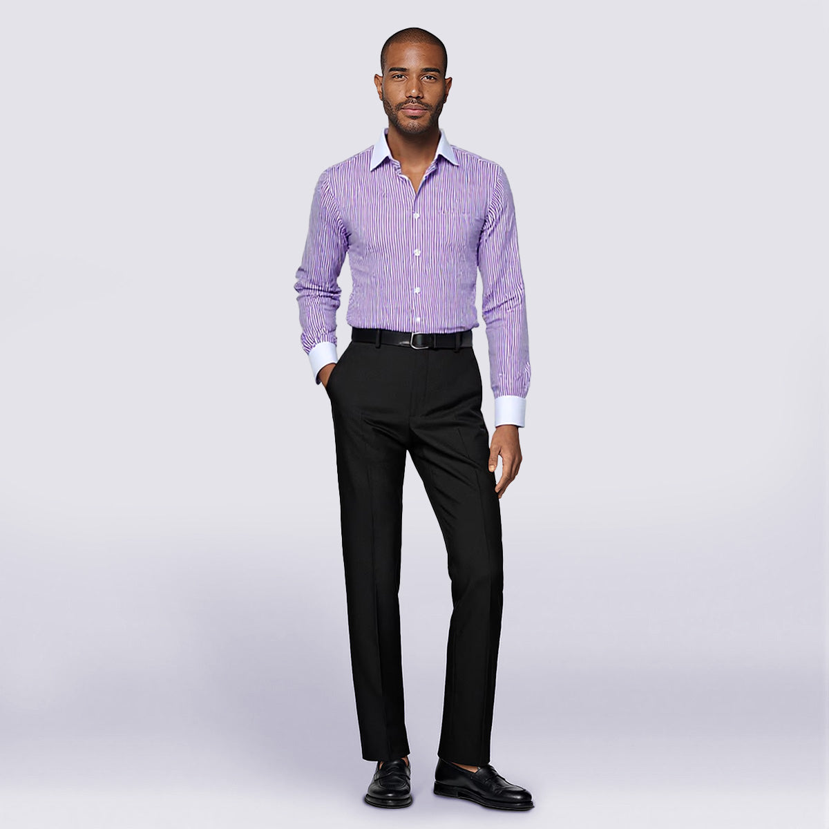 Purple # Men's slim fit button-down stripe checked dress shirt, long sleeve point collar with 2-button cuffs, soft breathable polyester casual formal top for business, office, wedding, party and daily wear, isolated on white background.