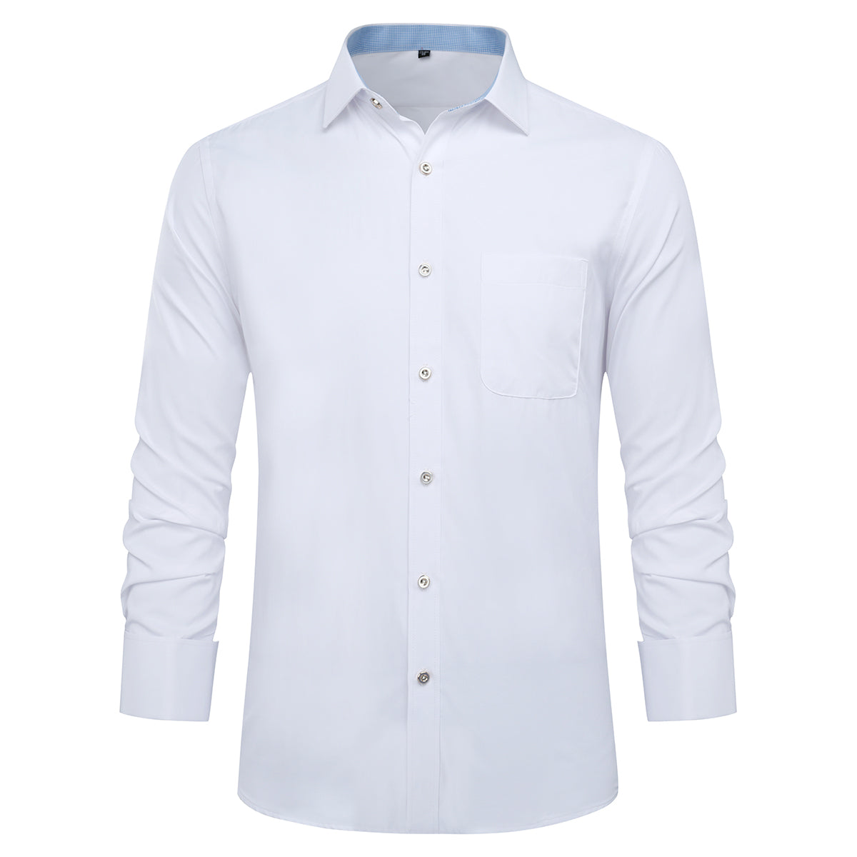 White # Men's slim fit button-down stripe checked dress shirt, long sleeve point collar with 2-button cuffs, soft breathable polyester casual formal top for business, office, wedding, party and daily wear, isolated on white background.