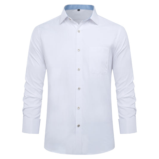 White # Men's slim fit button-down stripe checked dress shirt, long sleeve point collar with 2-button cuffs, soft breathable polyester casual formal top for business, office, wedding, party and daily wear, isolated on white background.