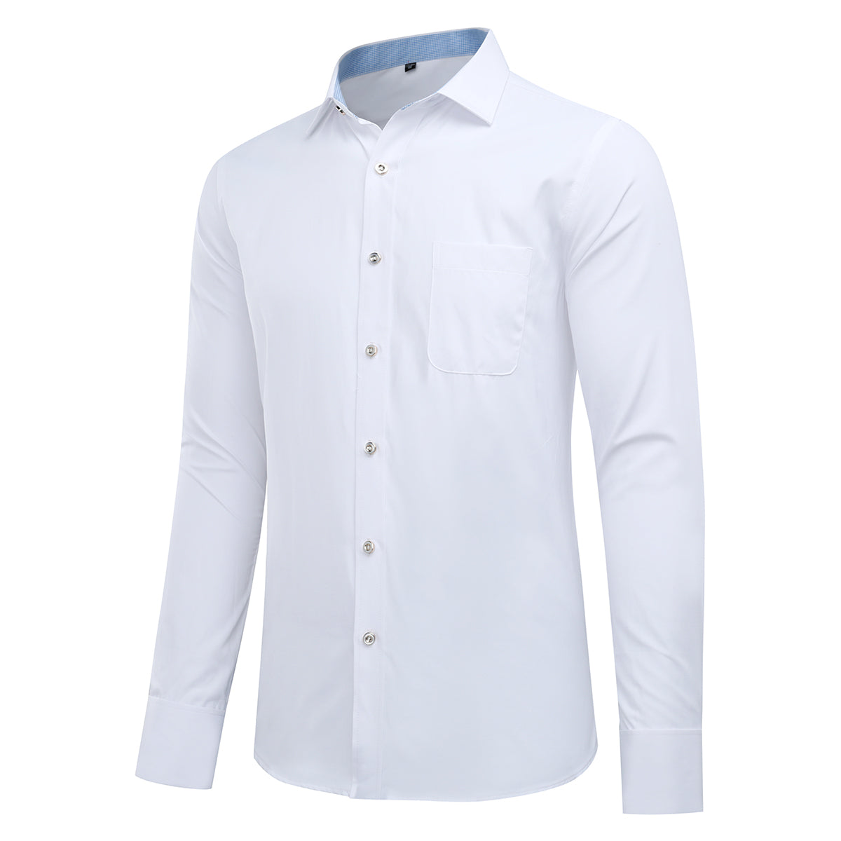 White # Men's slim fit button-down stripe checked dress shirt, long sleeve point collar with 2-button cuffs, soft breathable polyester casual formal top for business, office, wedding, party and daily wear, isolated on white background.