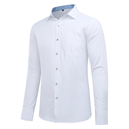White # Men's slim fit button-down stripe checked dress shirt, long sleeve point collar with 2-button cuffs, soft breathable polyester casual formal top for business, office, wedding, party and daily wear, isolated on white background.