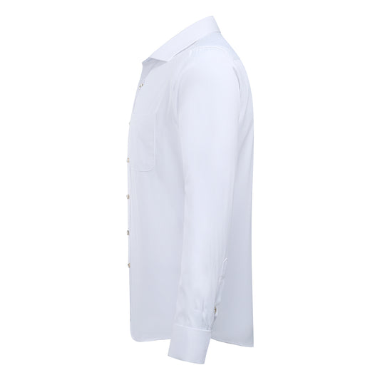 White # Men's slim fit button-down stripe checked dress shirt, long sleeve point collar with 2-button cuffs, soft breathable polyester casual formal top for business, office, wedding, party and daily wear, isolated on white background.