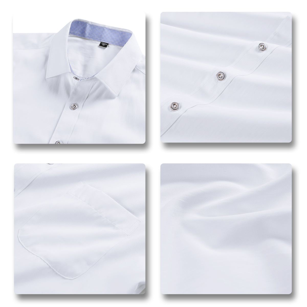 White # Men's slim fit button-down stripe checked dress shirt, long sleeve point collar with 2-button cuffs, soft breathable polyester casual formal top for business, office, wedding, party and daily wear, isolated on white background.