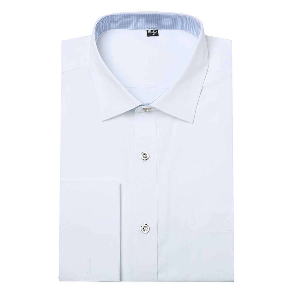 White # Men's slim fit button-down stripe checked dress shirt, long sleeve point collar with 2-button cuffs, soft breathable polyester casual formal top for business, office, wedding, party and daily wear, isolated on white background.