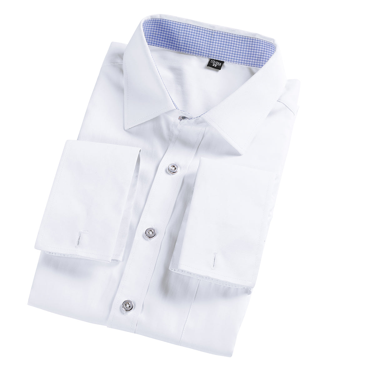 White # Men's slim fit button-down stripe checked dress shirt, long sleeve point collar with 2-button cuffs, soft breathable polyester casual formal top for business, office, wedding, party and daily wear, isolated on white background.